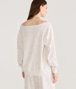 Cloud Soft Snow Leopard Print Oversized Off-The-Shoulder Sweatshirt