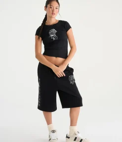Déjà For Aero Rhinestone Rose Low-Rise Baggy Fleece Shorts