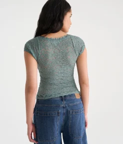 Déjà For Aero Short Sleeve Floral Lace V-Neck Top