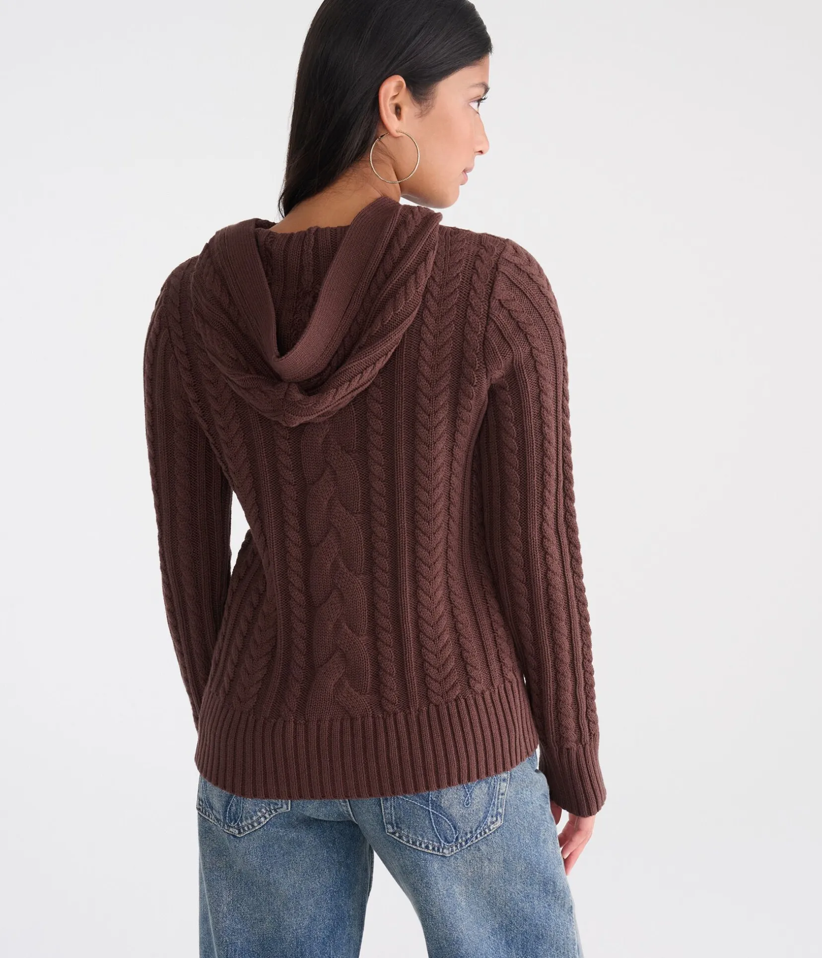 Hooded Button-Front Cable Cardigan