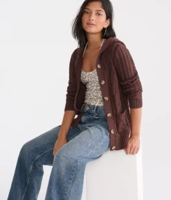 Hooded Button-Front Cable Cardigan
