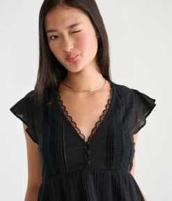 Lace & Pintuck V-Neck Tie-Back Blouse