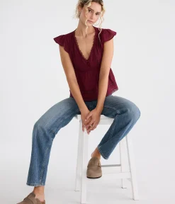 Lace & Pintuck V-Neck Tie-Back Blouse