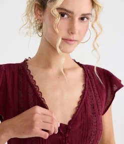 Lace & Pintuck V-Neck Tie-Back Blouse