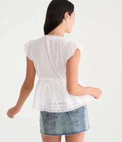 Lace & Pintuck V-Neck Tie-Back Blouse