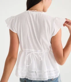 Lace & Pintuck V-Neck Tie-Back Blouse