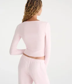 Long Sleeve Lace-Trim Cropped Sleep Tee