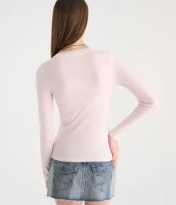 Long Sleeve Seriously Soft Lace-Trim V-Neck Tee