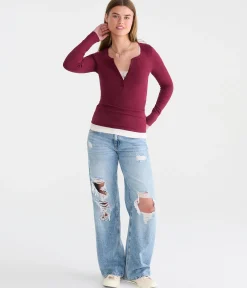 Long Sleeve Solid Ribbed Henley