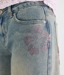 Low-Rise Baggy Wide Leg Rhinestone Flower Jean
