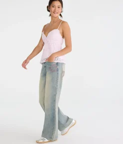 Low-Rise Baggy Wide Leg Rhinestone Flower Jean