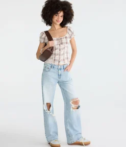 Plaid Button-Front Scoop-Neck Blouse