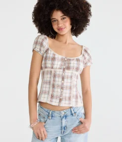 Plaid Button-Front Scoop-Neck Blouse