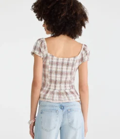 Plaid Button-Front Scoop-Neck Blouse