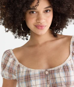 Plaid Button-Front Scoop-Neck Blouse