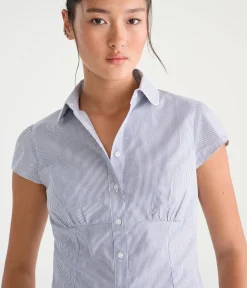 Short Sleeve Striped Peter Pan Tie-Back Blouse