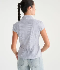 Short Sleeve Striped Peter Pan Tie-Back Blouse