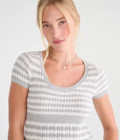 Short Sleeve Striped Scoop-Neck Babydoll Sweater