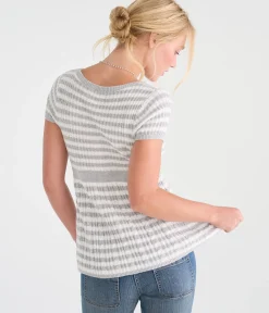 Short Sleeve Striped Scoop-Neck Babydoll Sweater