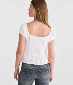 Tonal Stripe Button-Front Scoop-Neck Blouse